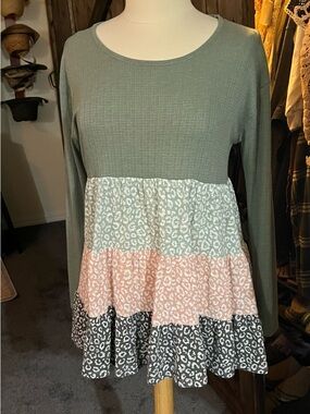 First Love Olive Green Long Sleeve Tiered Leopard Print Top with Pink and Gray